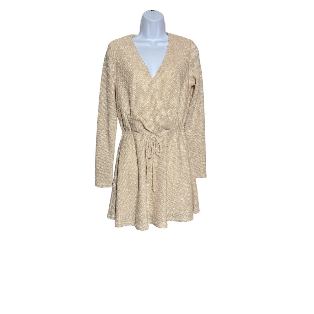 NITT by Flying Tomato Womens Mini Dress Long Sleeve V Neck Drawstring Beige S‎